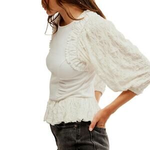 New Free People Olivia Top L Fitted Peplum Cream Balloon Sleeves Boho Lagenlook